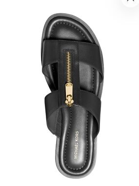 MICHAEL KORS Black Leather Slide with Gold Zipper Detail